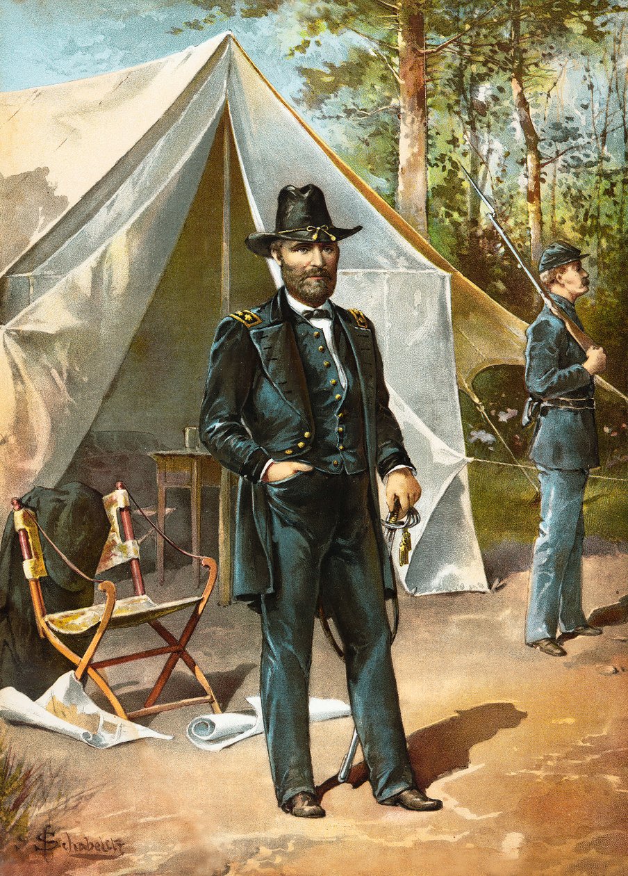 General Ulysses S Grant står foran teltet sitt under den amerikanske borgerkrigen, pub. 1892 av American School