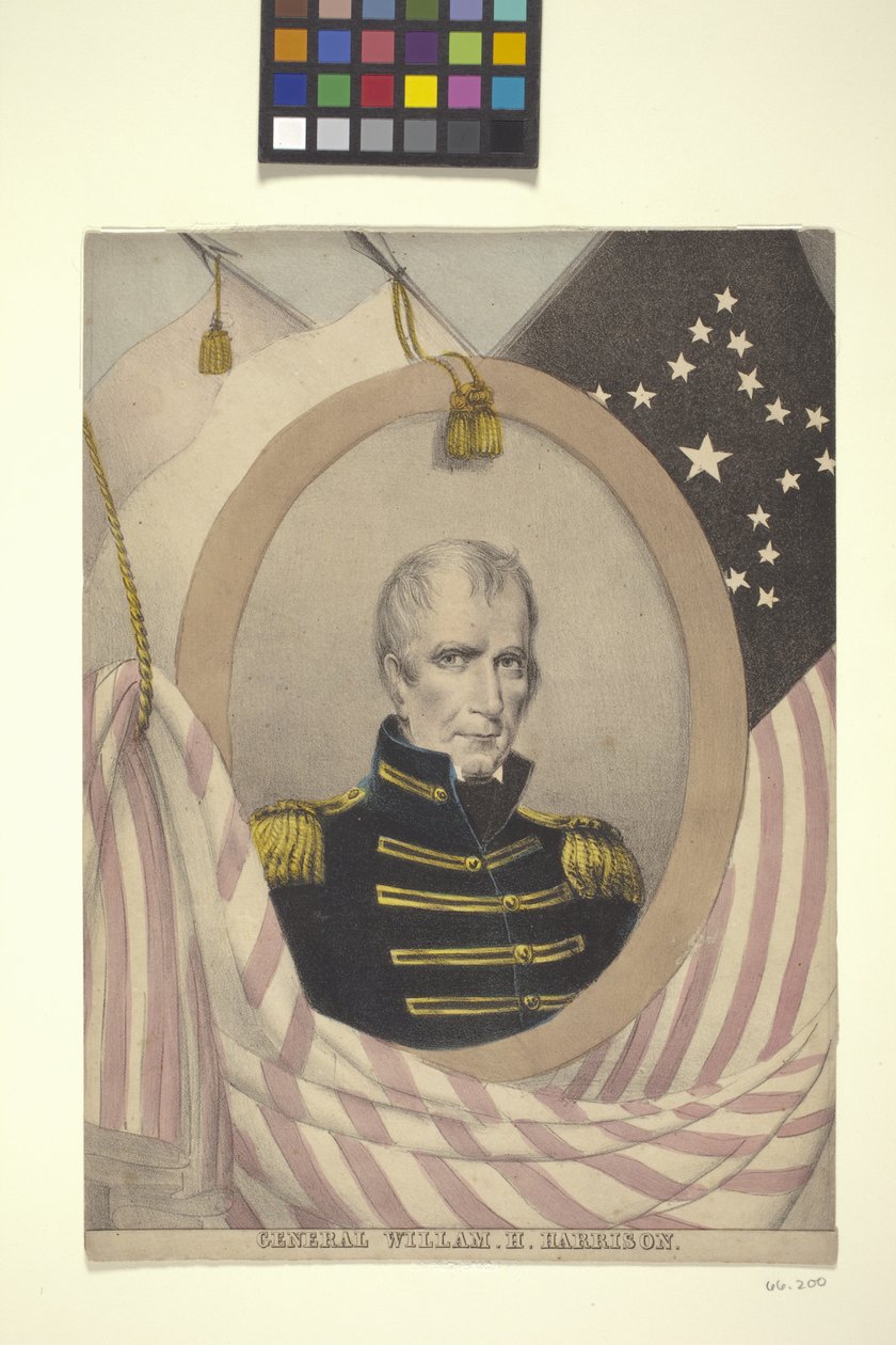 General Willam [Sic] H. Harrison (håndfarget litografi) av American School
