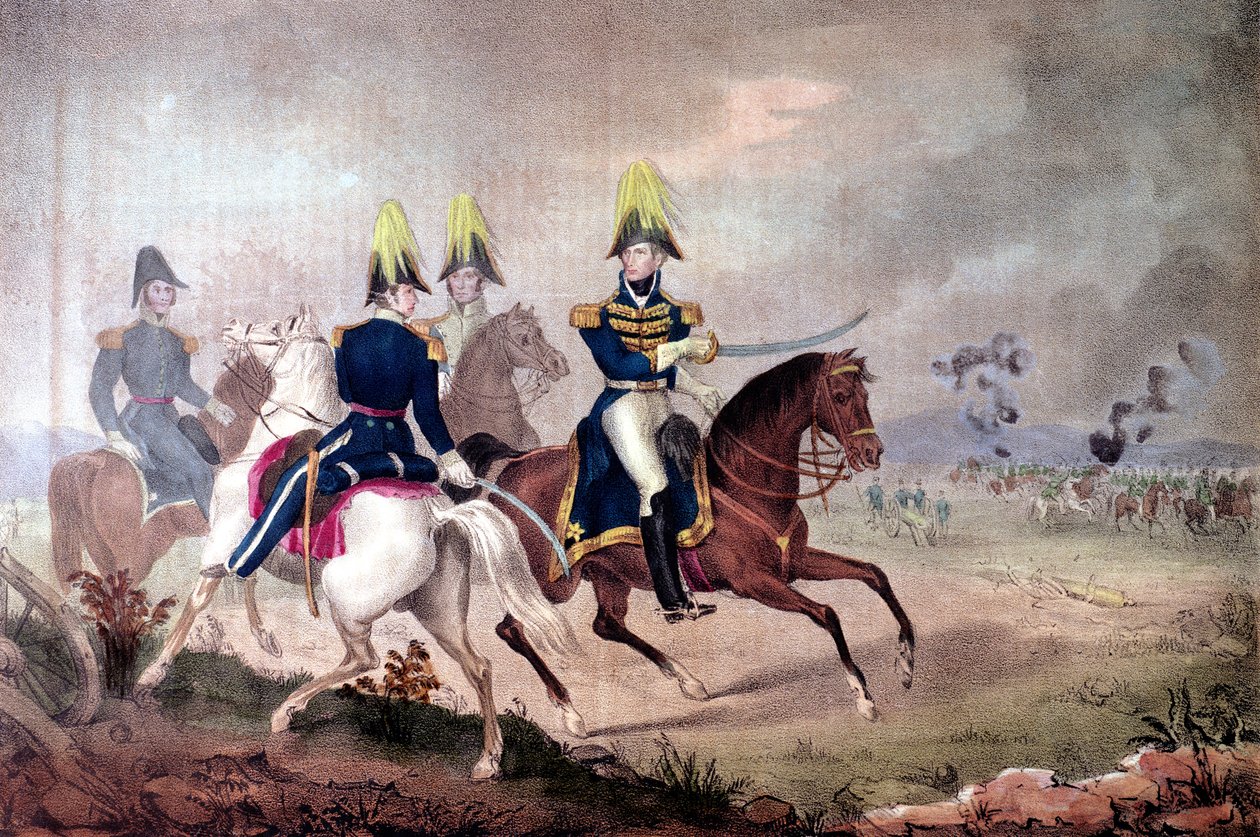 General William Henry Harrison (1773-1841) og staben ved slaget ved Themsen i 1813 av American School