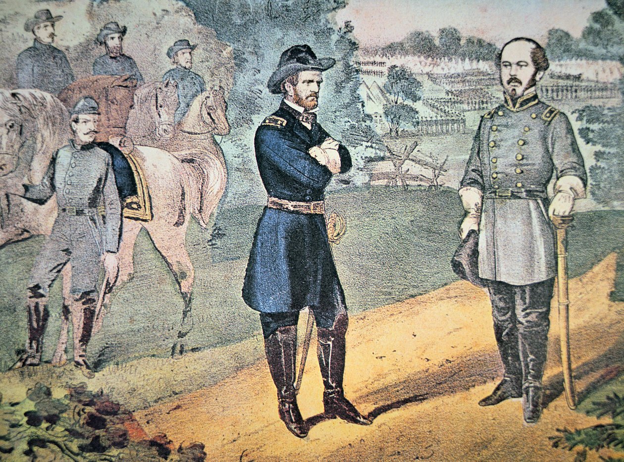 Generalene Sherman og Johnson møtes for å arrangere overgivelsen av konfødererte styrker i North Carolina i 1865 (farge litho) av American School