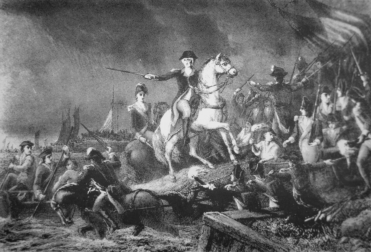 George Washington dirigerte retretten fra Brooklyn Heights, 29. august 1776 (litho) av American School