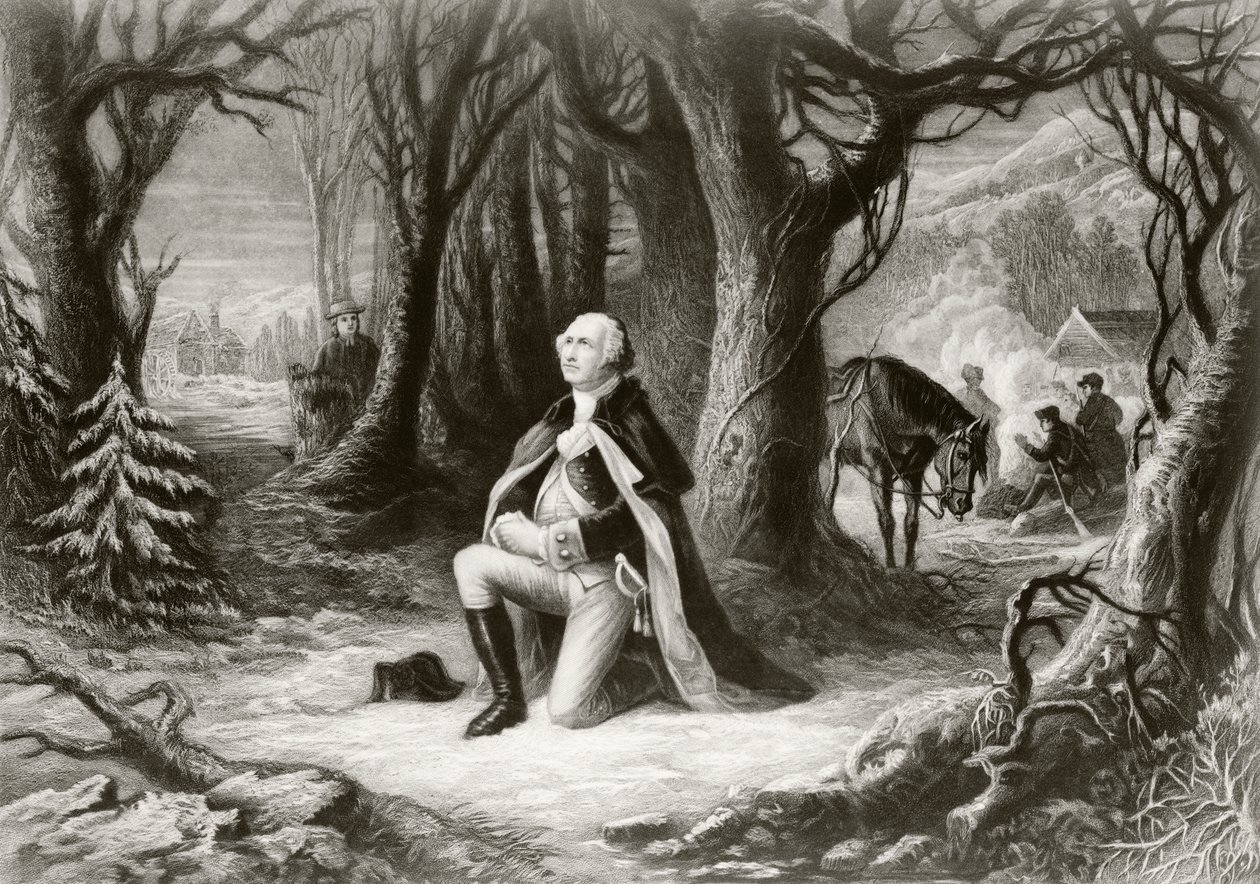 George Washington ber ved den amerikanske revolusjonskrigens leir i Valley Forge vinteren 1777-78, etter et maleri av Henry Brueckner av American School