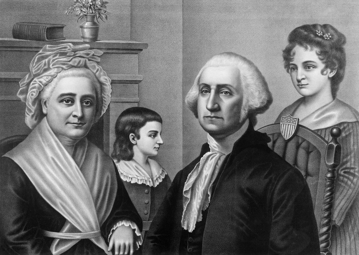 George Washington with his wife Martha Washington and his children in Mount Vernon. Engraving around 1880. av American School
