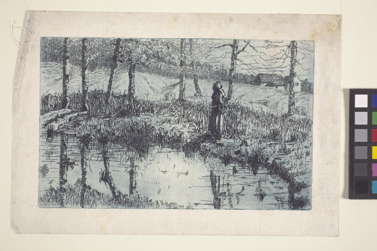 Girl By Pond (etsing og platetone trykt i blått) av American School