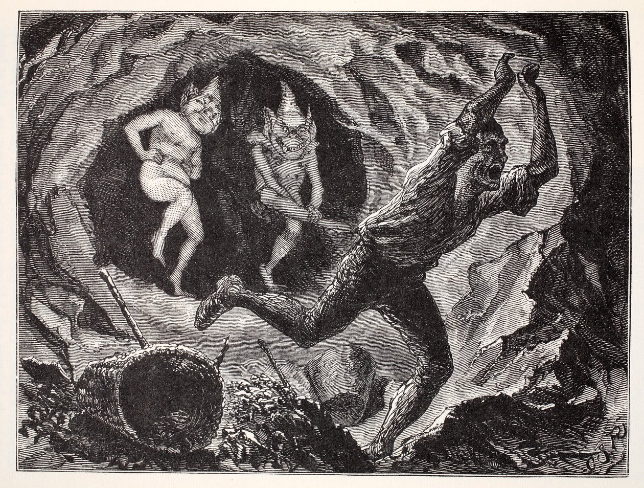 Gnomes Terrifying a Miner, fra The World Guide to Gnomes, Fairies, Alves and Other Little People av Thomas Keightley (1789-1872) Publisert 1880 av American School