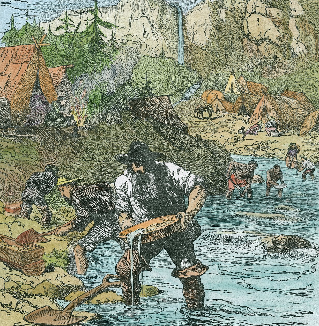 Gold Washing i California, fra en bokpub. 1896 (håndfarget gravering) av American School