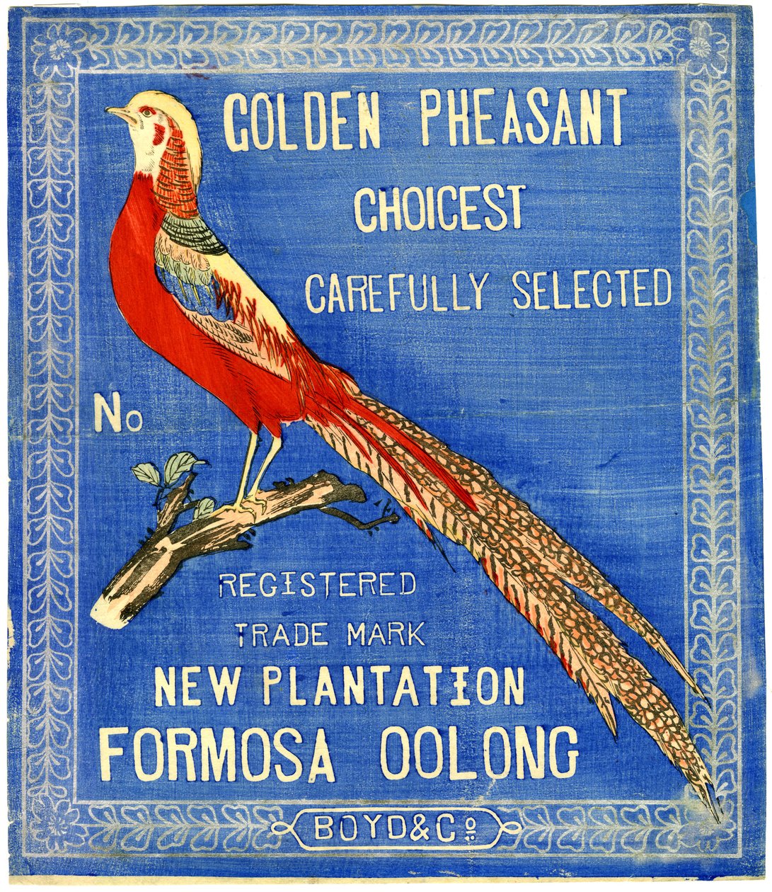 Golden Pheasant Choicest Carefully Select, nr. Registrert varemerke New Plantation Formosa Oolong (blokktrykk (farget blekk på papir med bakside)) av American School