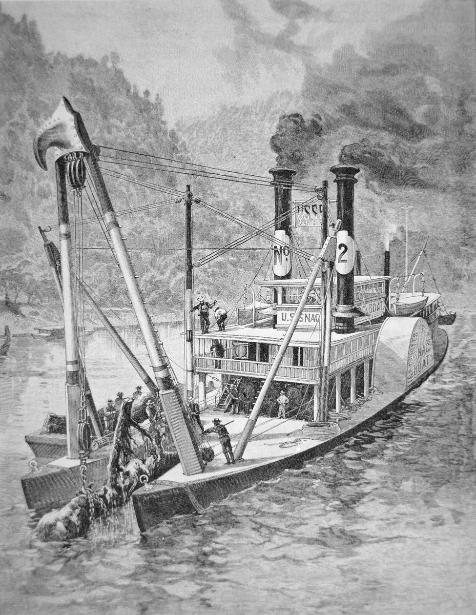 Regjeringssnagboat fjerner tømmerstokker eller hager fra Mississippi, ca. 1870 (gravering) av American School