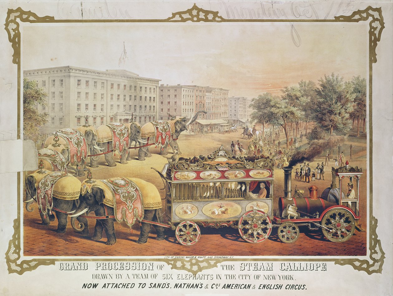 Stor prosesjon av Steam Calliope tegnet av et lag på seks elefanter i byen New York, 1857 av American School