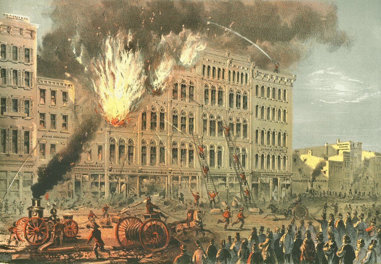 Great Fire on Lake Street, fra Chicago Illustrated, med litterære beskrivelser av James W. Sheahan, utgitt av Jevne & Almini, Chicago, 1866-67 av American School