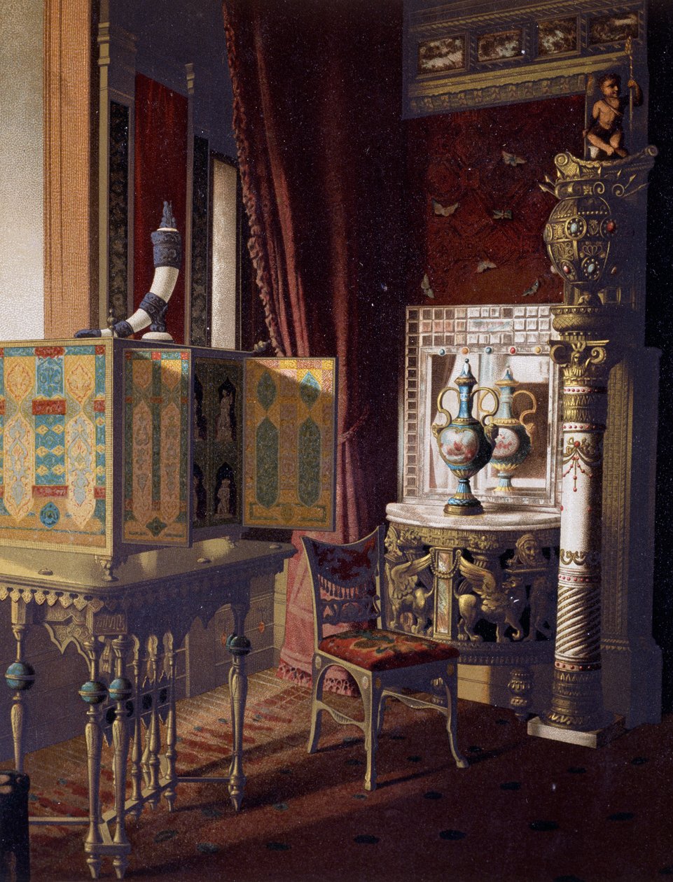 Great Hall, Van der Bilt Hotel i New York, soverom, ca 1840, Fargegravering av American School