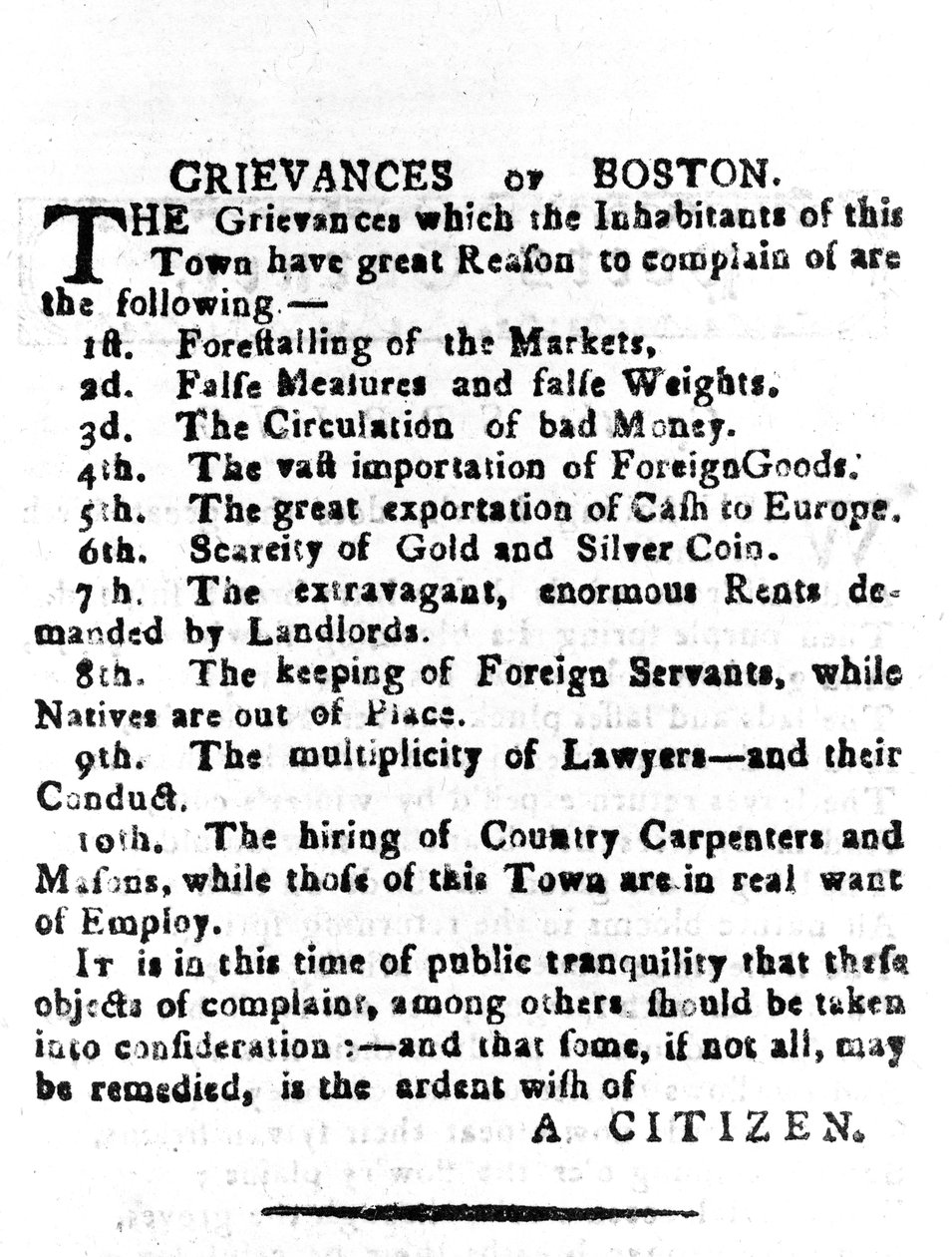 Grievances of Boston, brev publisert i Boston Gazette, 4. april, 1786 (trykk) av American School