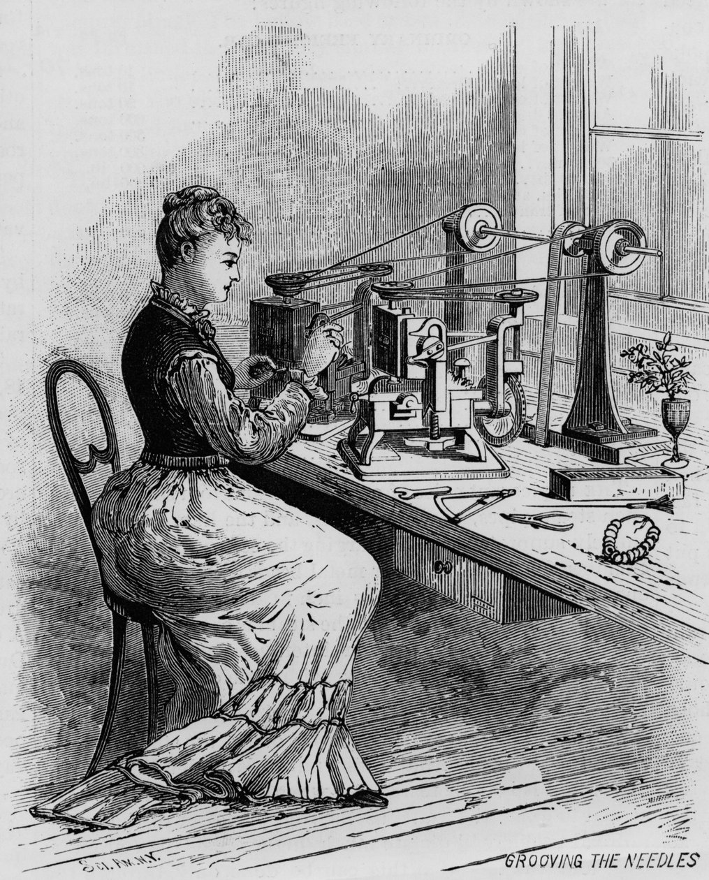 Grooving the Needles, illustrasjon som viser produksjon av symaskiner fra magasinet Scientific American, 1879 av American School