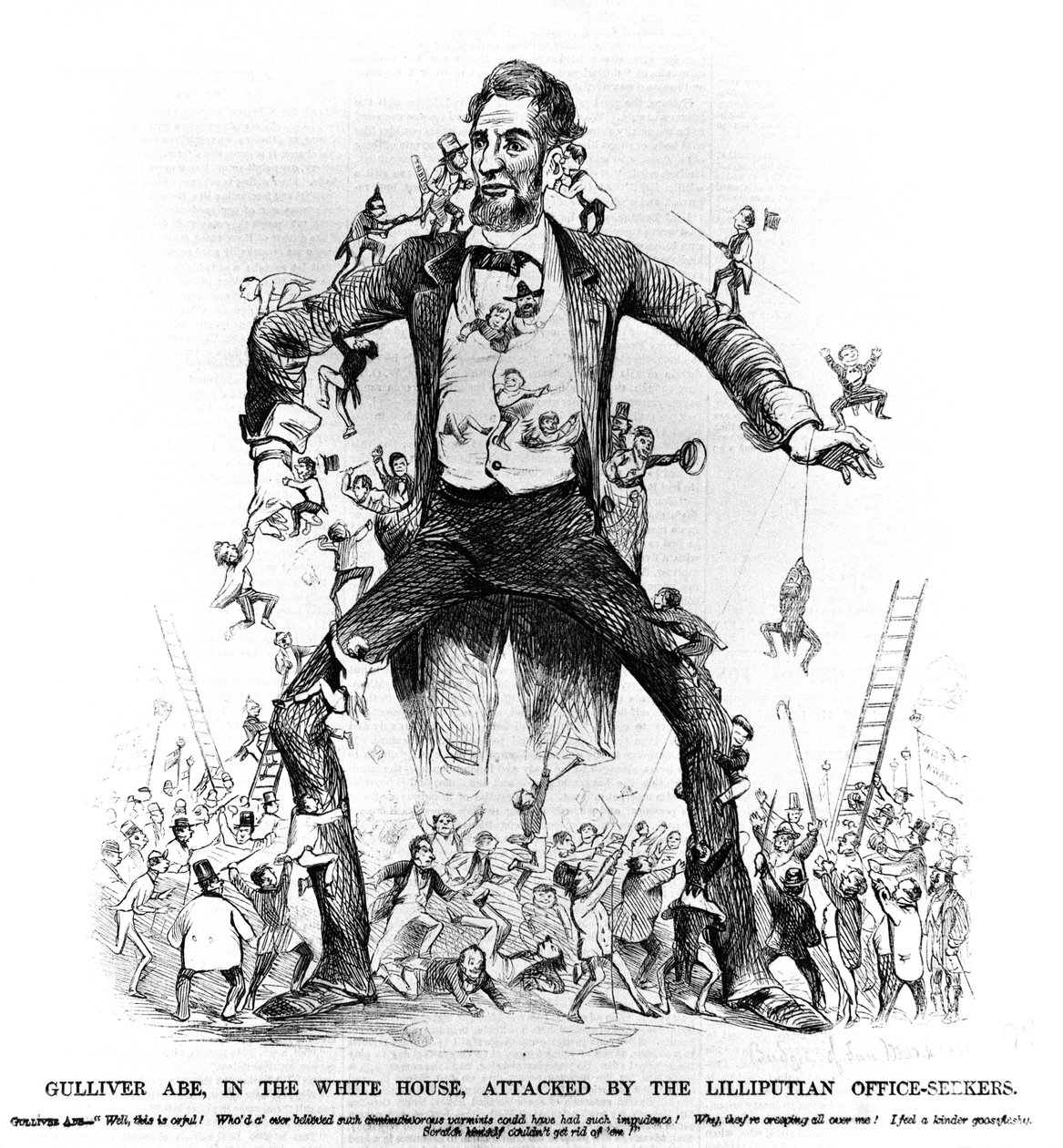 Gulliver Abe, i Det hvite hus, angrepet av Lilliputian Office-Seekers, fra Frank Leslies Budget of Fun, 15. mars, 1861 av American School