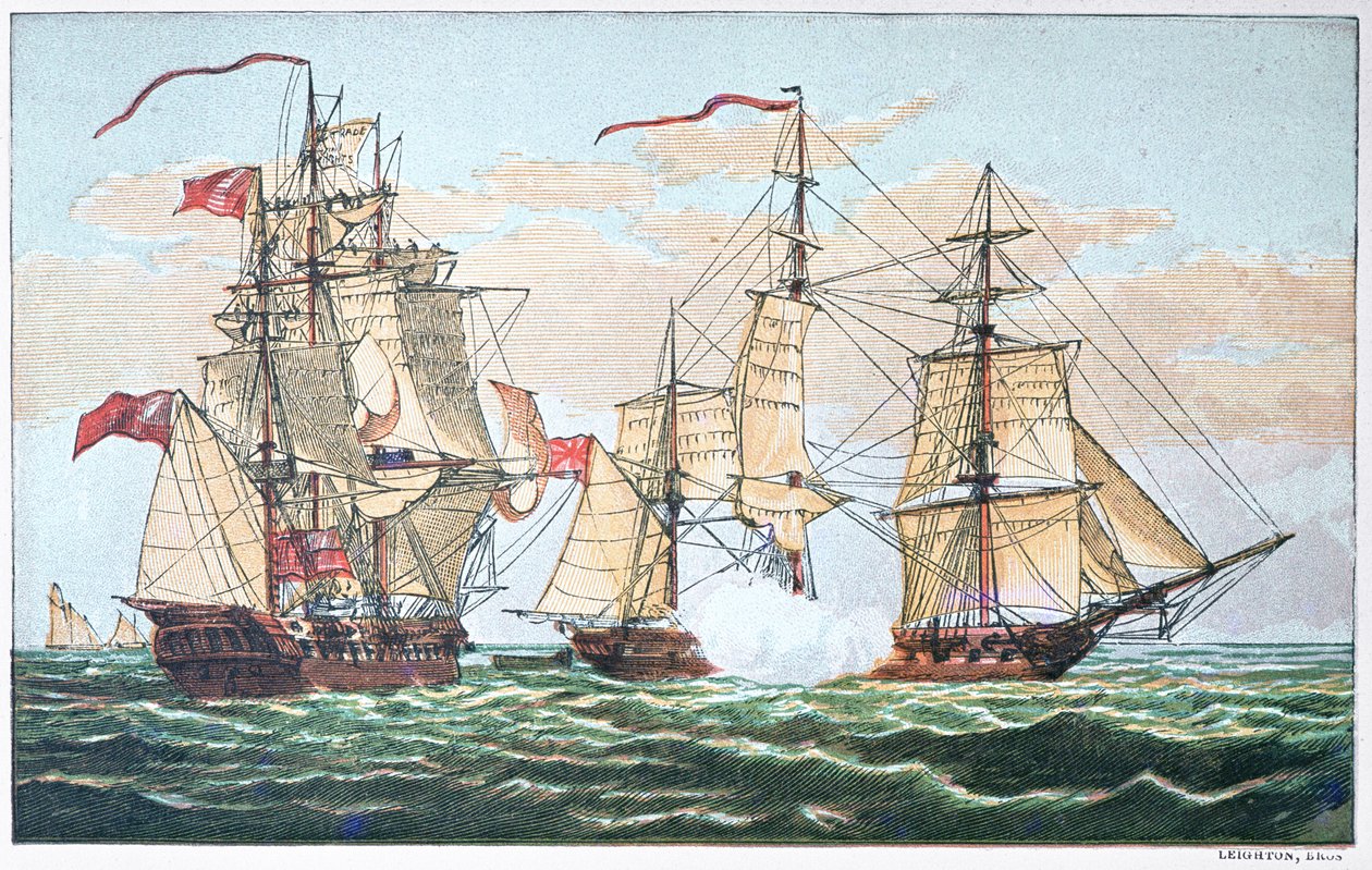 HMS Shannon vs den amerikanske Chesapeake i 1813 under krigen i 1812 (farge litho) av American School
