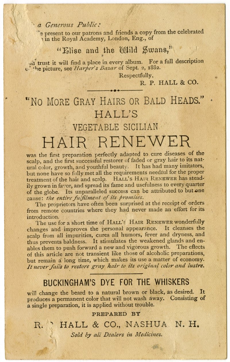 Halls Vegetable Sicilian Hair Renewer, gjenoppretter grått hår til sin opprinnelige farge og forhindrer skallethet. Verso, (litografi [varekort]) av American School
