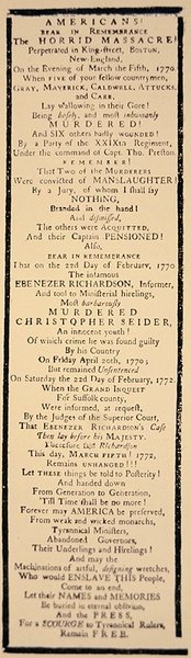 Handbill kommenterer frifinnelsen av kaptein Preston og seks soldater etter rettssaken deres i oktober 1771 (litho) av American School
