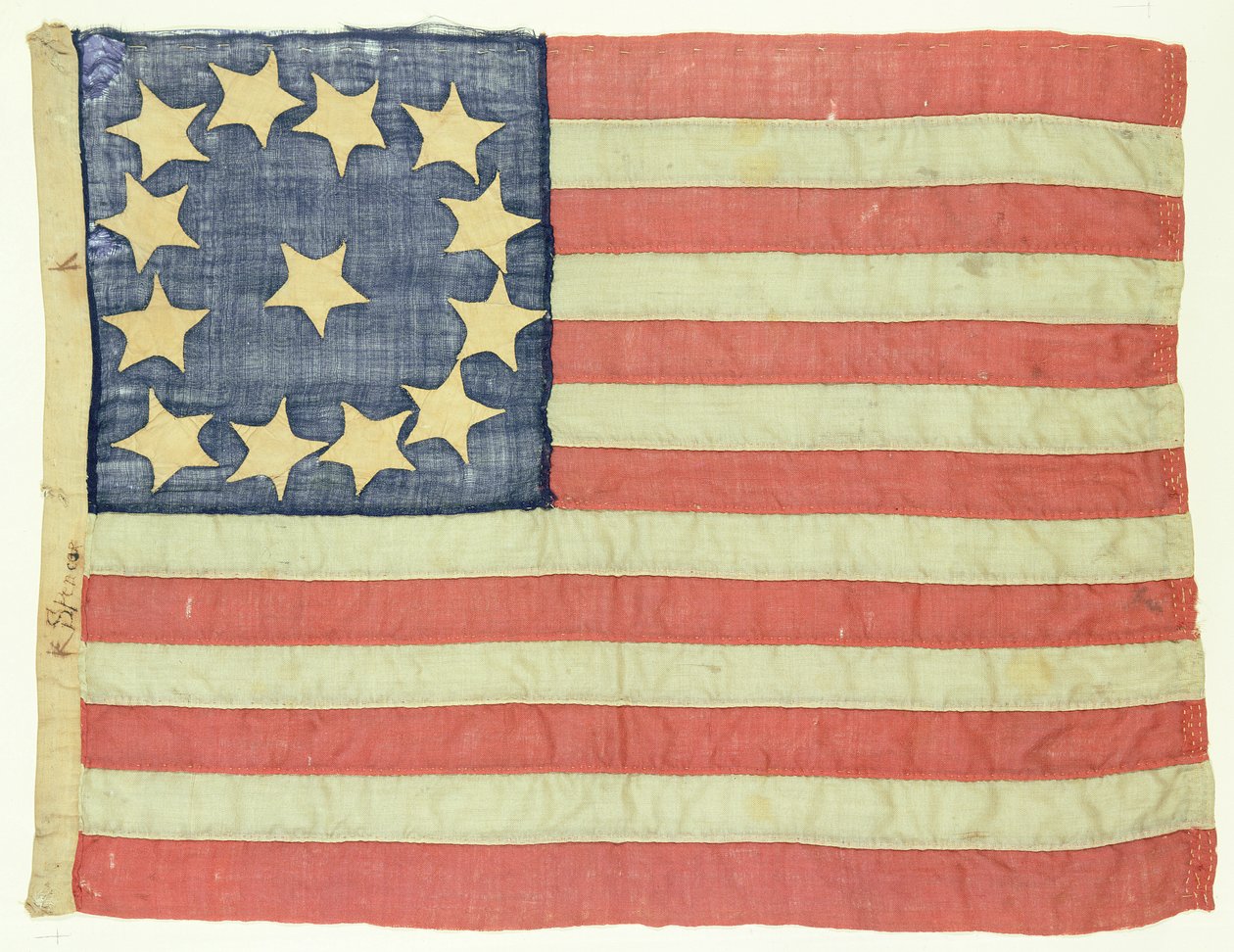 Håndsydd flagg med tretten stjerner, ca. 1830-80 (ull og bomull) av American School