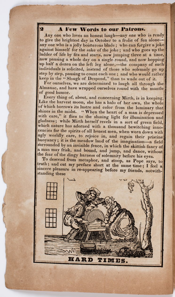 Hard Times, side 2 fra The American Comic Almanac for 1838 av American School