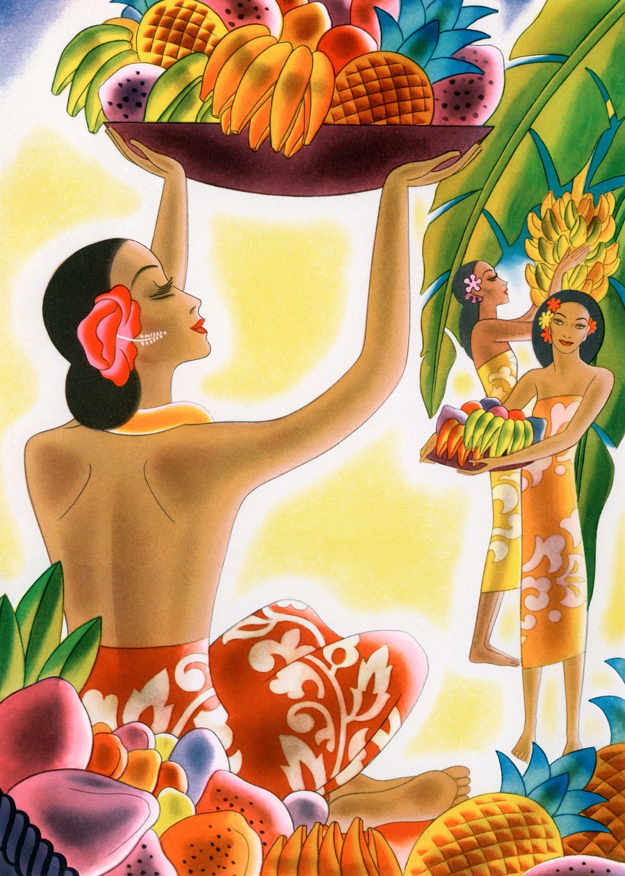 Hawaiian kvinner som høster frukt av American School