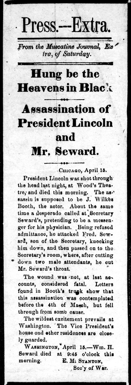 Overskrift som kunngjør mordet på Abraham Lincoln (1809-65) og forsøk på attentat på William Seward (1801-72) fra Press Extra, 15. april, 1865 (trykk) av American School