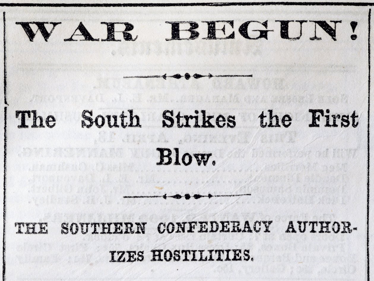 Overskrift fra Boston Evening Transcript som kunngjorde begynnelsen av borgerkrigen, 13. april, 1861 (avispapir) av American School