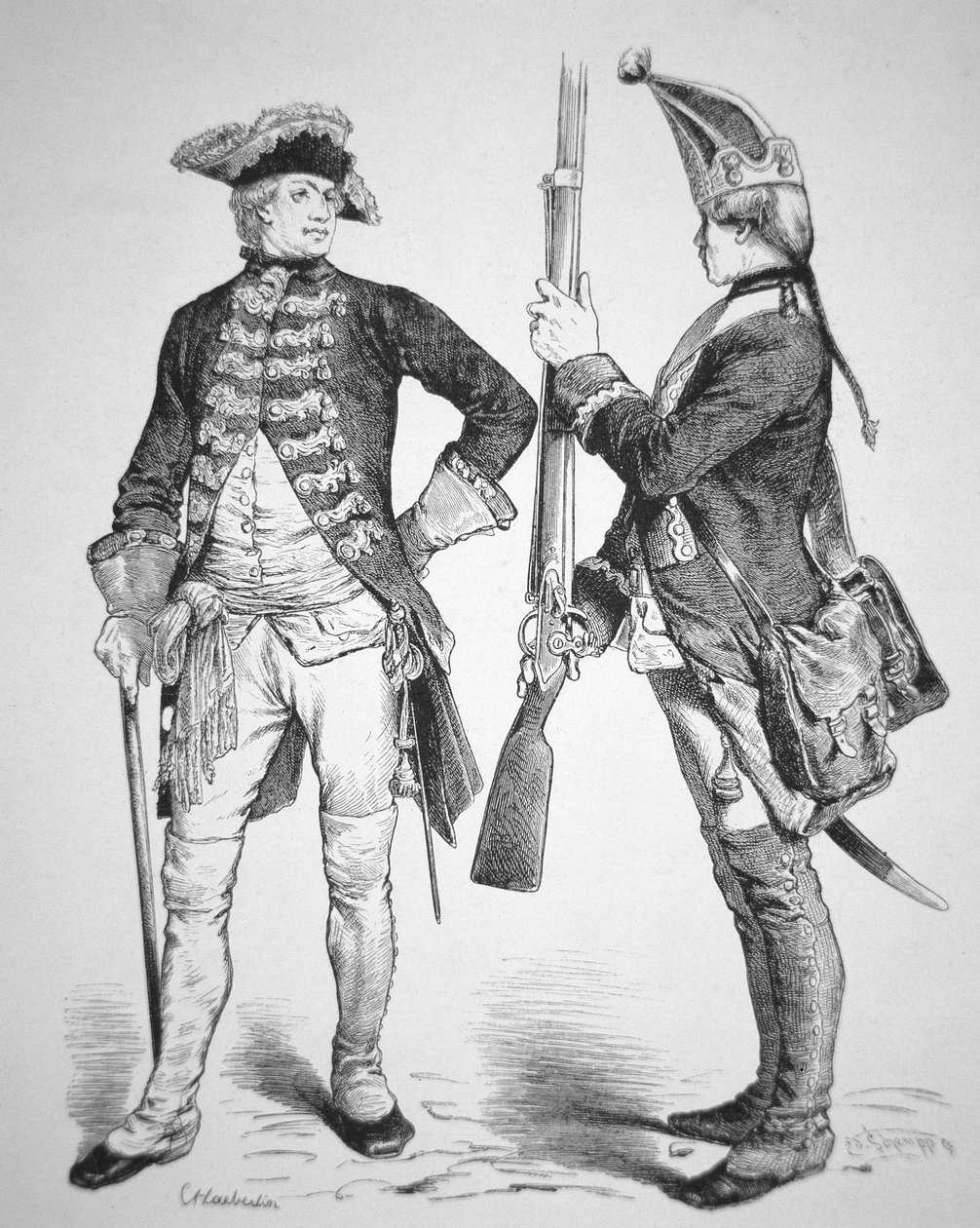 Hessiske soldater fra 1770, i uniformene deres fra den amerikanske revolusjonskrigen (gravering) av American School
