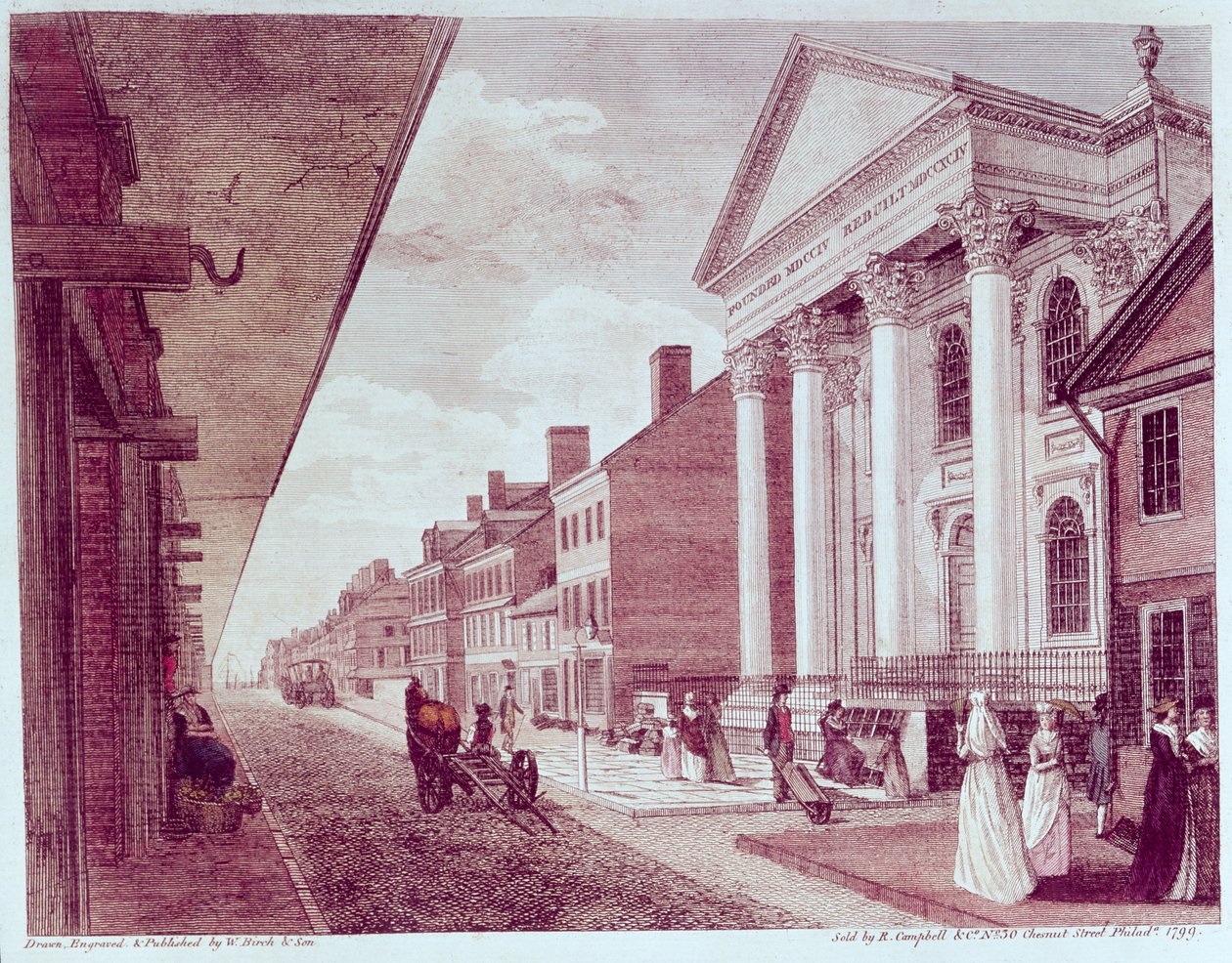 High street med den første Presbyterian Church, Philadelphia, 1799 av American School