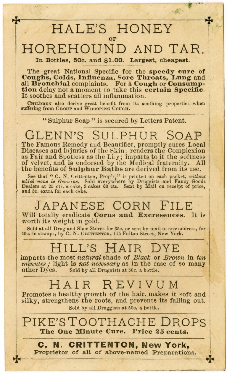 Hills Hair & Whisker Dye, best noensinne oppfunnet, C.N. Crittenton, Proprietor, New York, Trade card, verso (litho [handelskort]) av American School