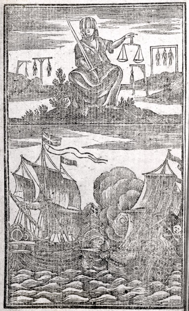 Historie og liv til alle de mest beryktede piratene og deres mannskaper, frontispice, London, 1725 av American School