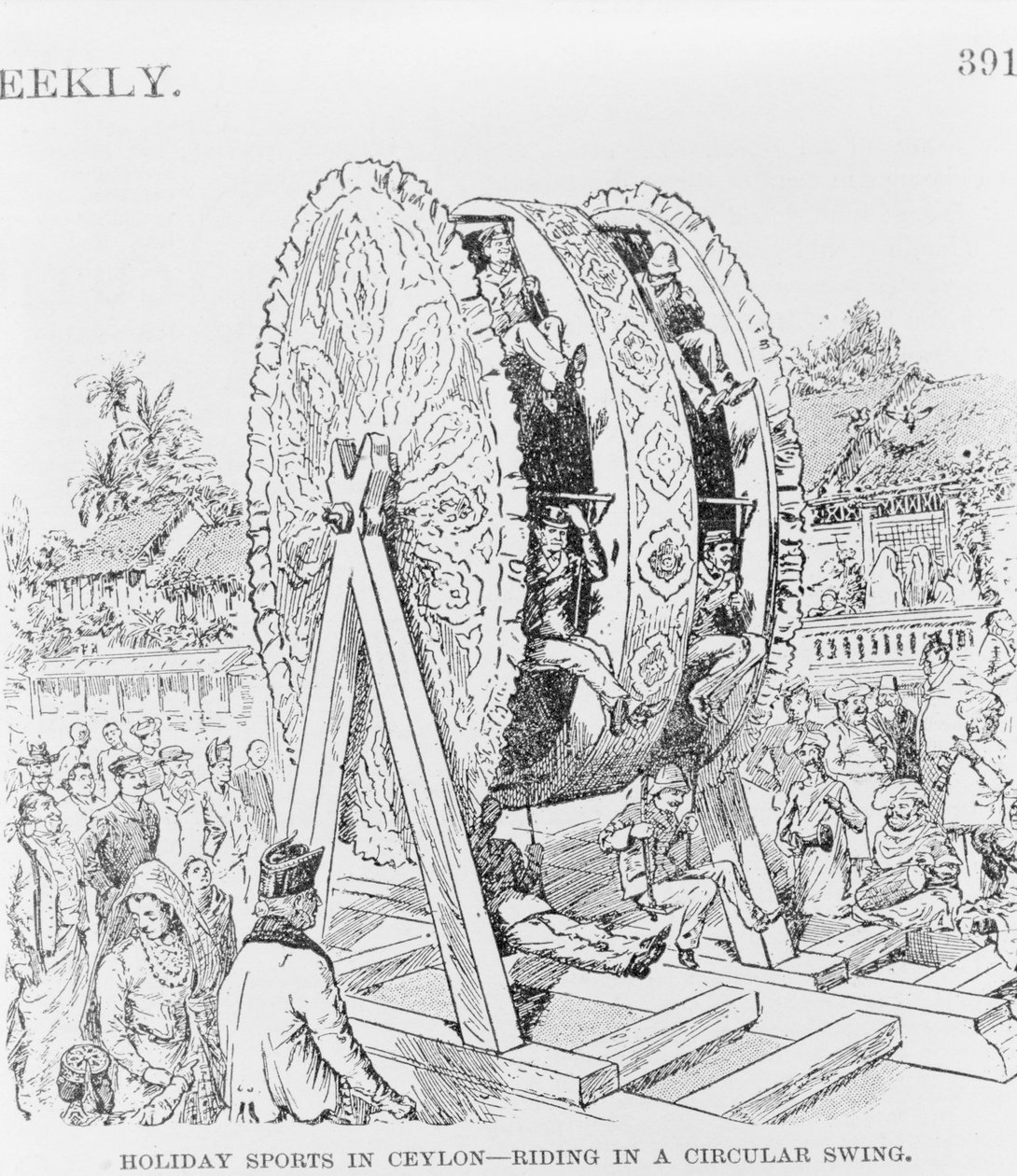 Holiday Sports in Ceylon, riding i et sirkulært hjul, ca. 1893 (illustrasjon) av American School