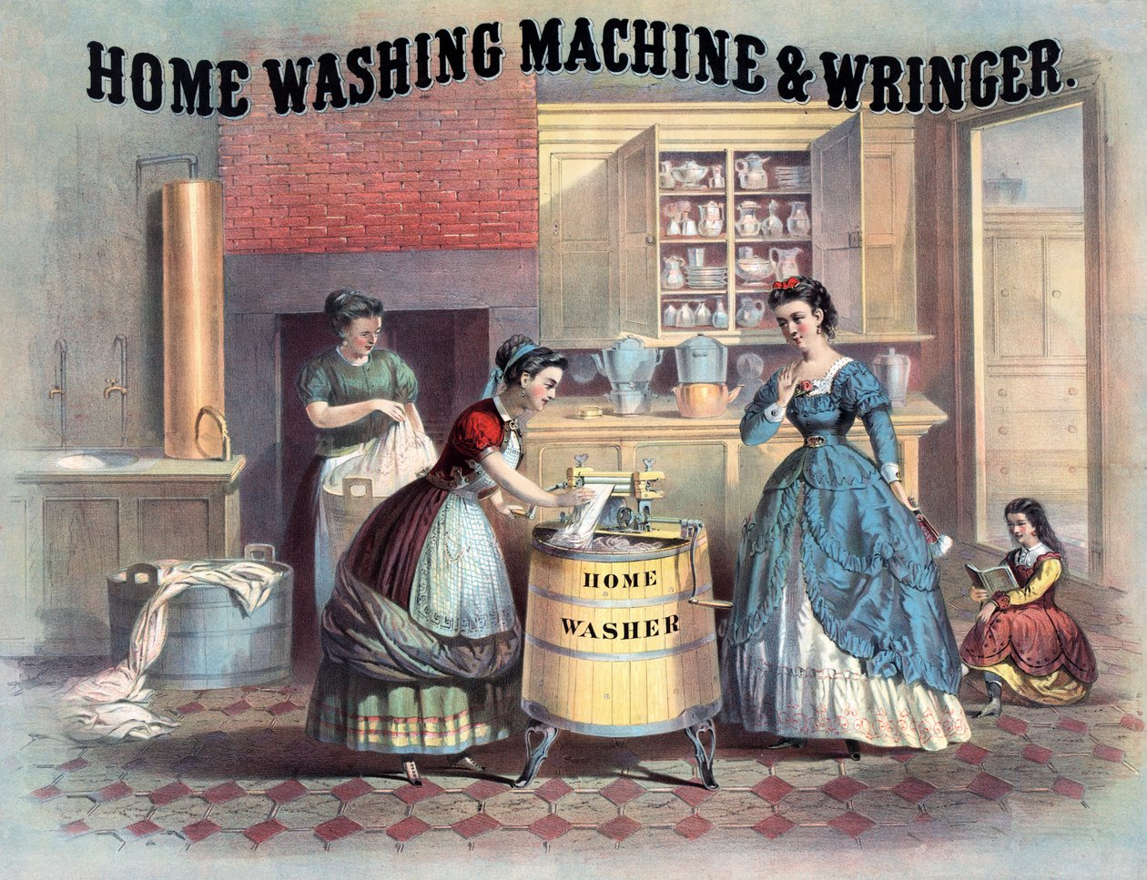 Hjemmevaskemaskin og vrimaskin, ca. 1869 av American School