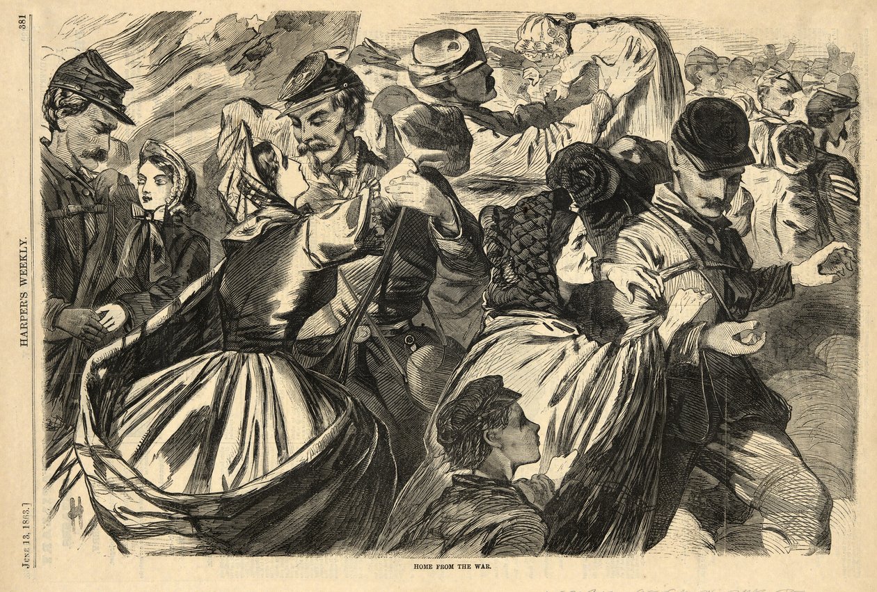 Hjem fra krigen fra Harper's Weekly, pub. 1863 (gravering) av American School
