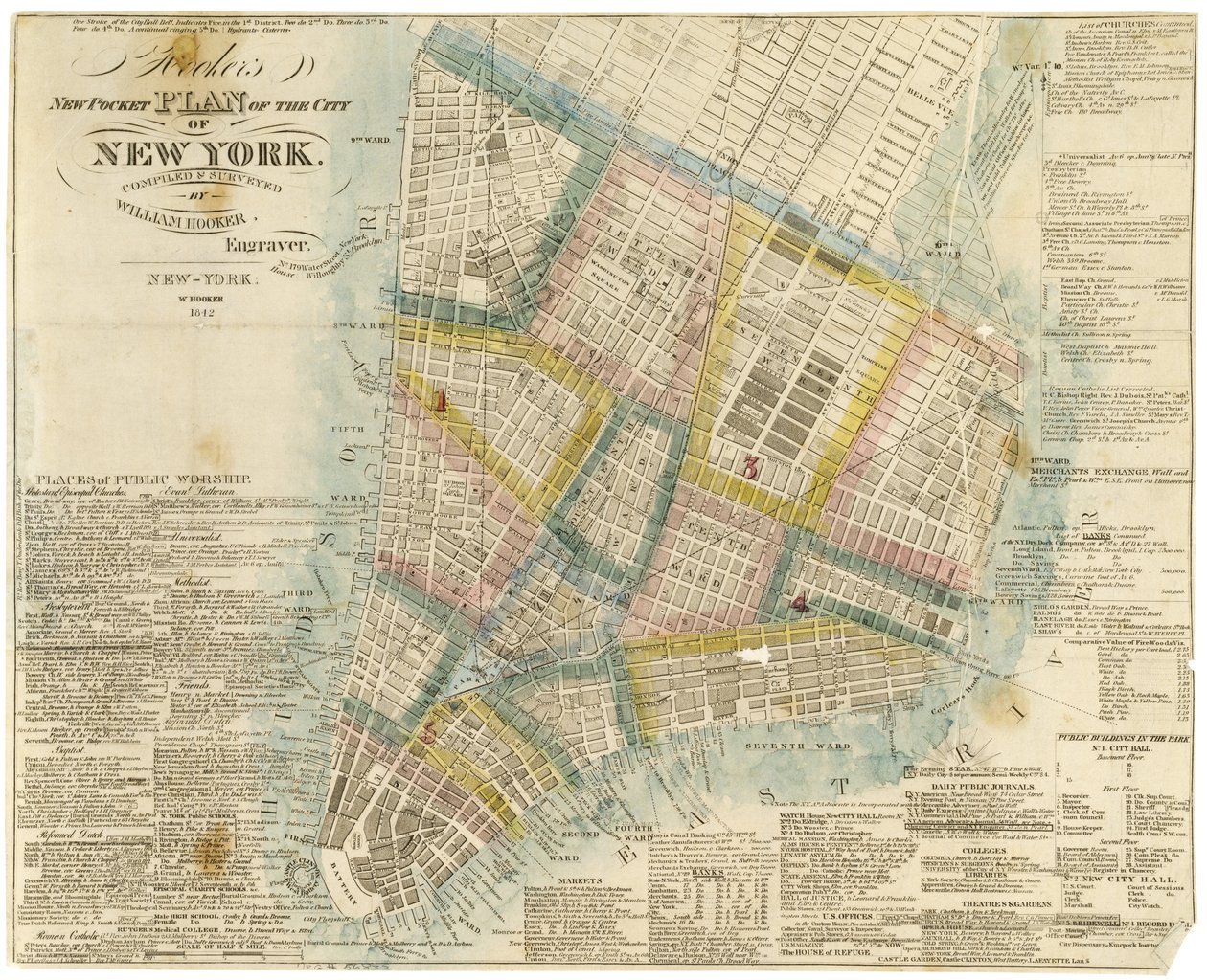 Hookers nye lommeplan for byen New York, kompilert og kartlagt av William Hooker, 1842 av American School