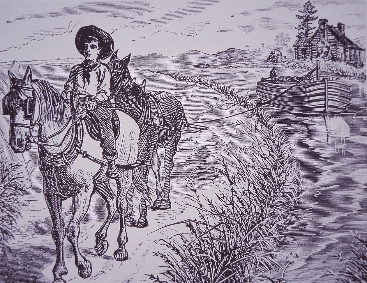 Hester som trekker kanalbåt på slepesti, Erie Canal (gravering) av American School