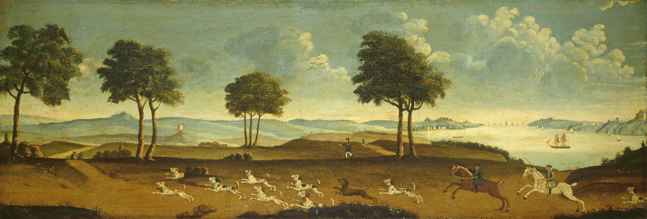 Jaktscene med havn, 1700-tallet av American School