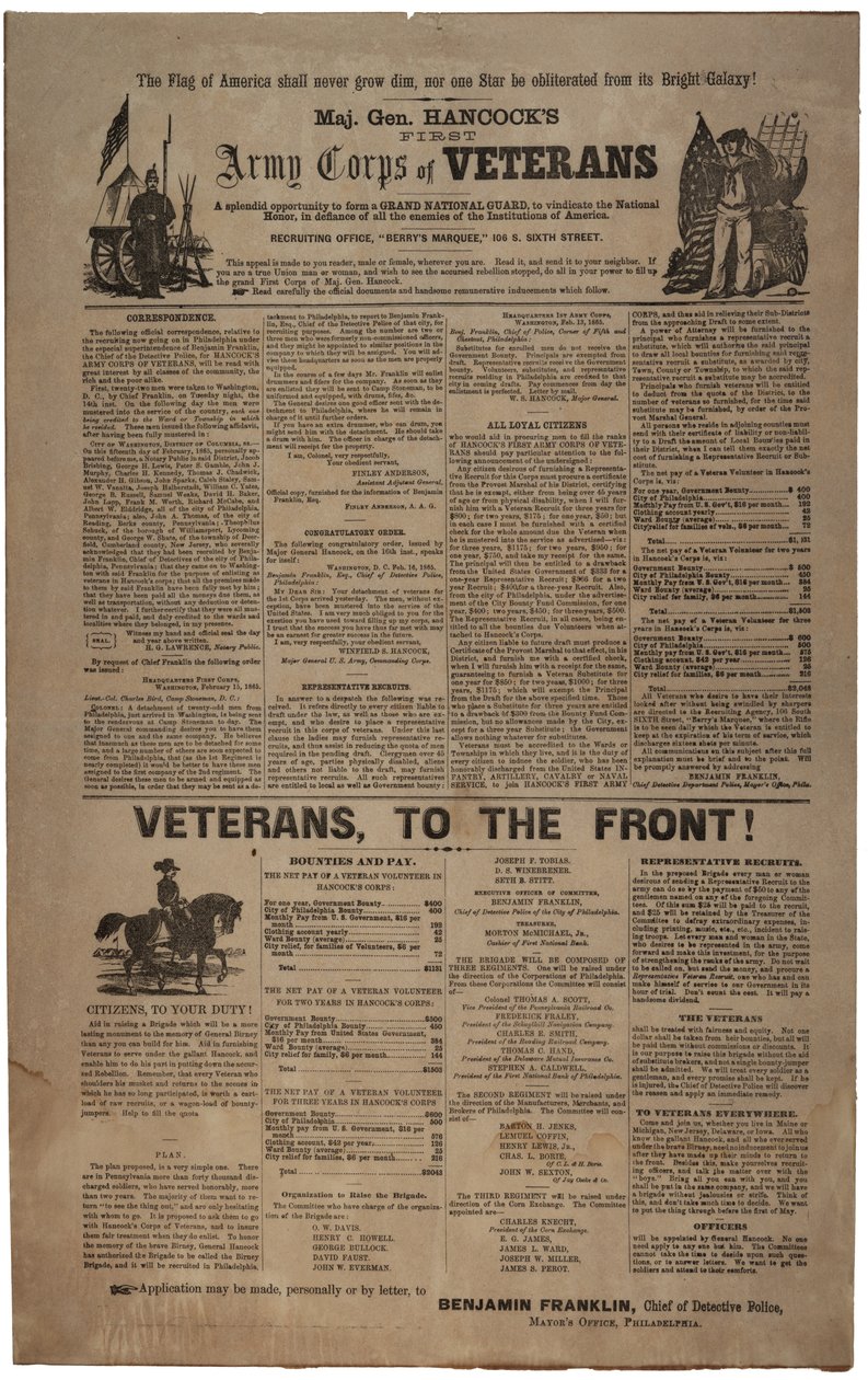 Illustrert rekrutteringsplakat i Philadelphia for generalmajor Hancocks First Army Corps of Veterans inkludert Union man and Woman., februar 1865 av American School