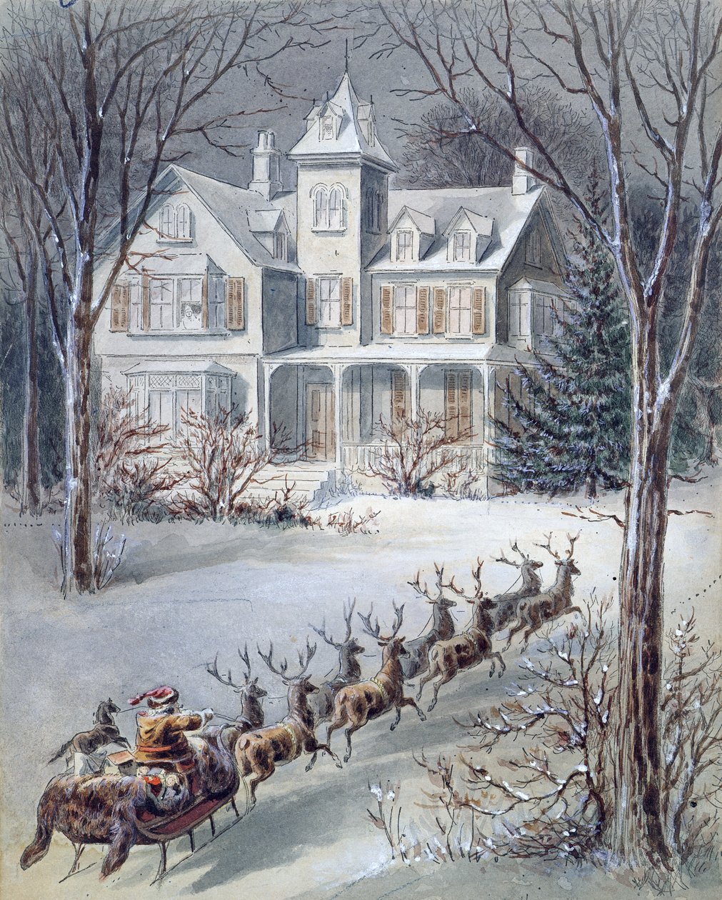 Illustrasjon fra Twas the Night Before Christmas skrevet av professor Clement Clarke Moore (1779-1863) av American School