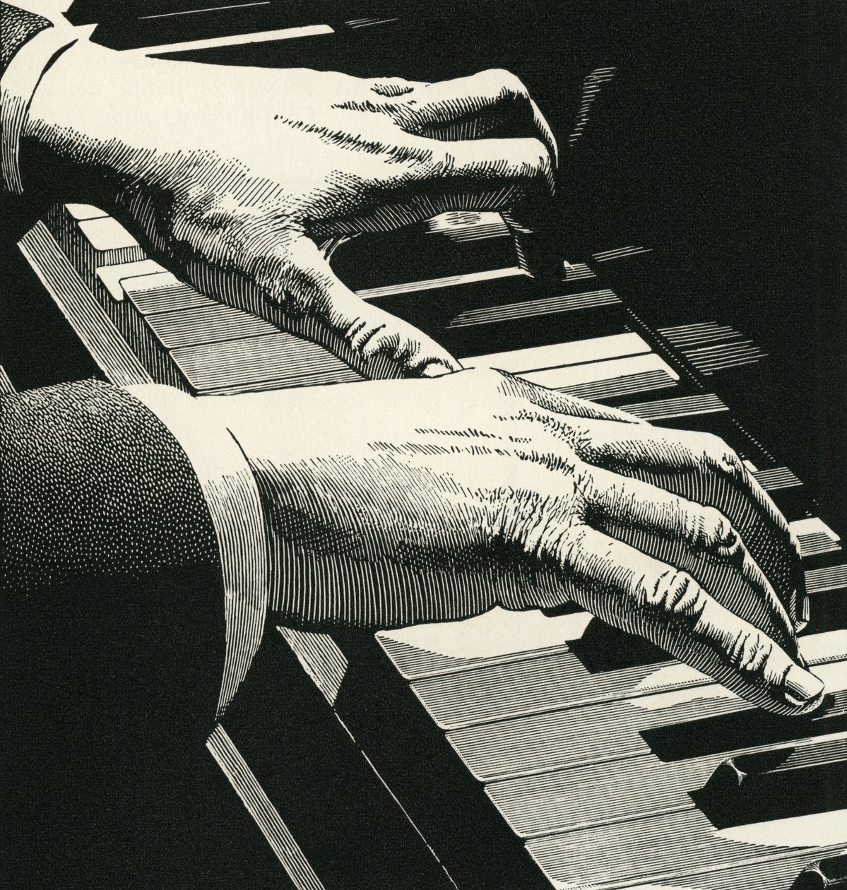 Illustrasjon av hender som spiller et piano av American School