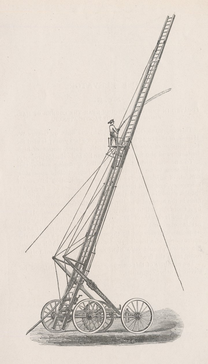 Illustrasjon av slangeheis og lastebil nr. 1. fra rapporten fra politistyret i brannvesenet til fellesrådet i Chicago, s. 70., 1872 (tregravering) av American School