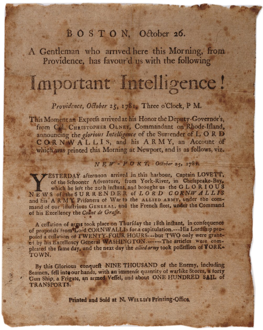 Viktig etterretning! (kunngjør overgivelsen av Cornwallis i Yorktown), liten bredside trykt av M. Willis, Boston, 26. oktober 1781 av American School