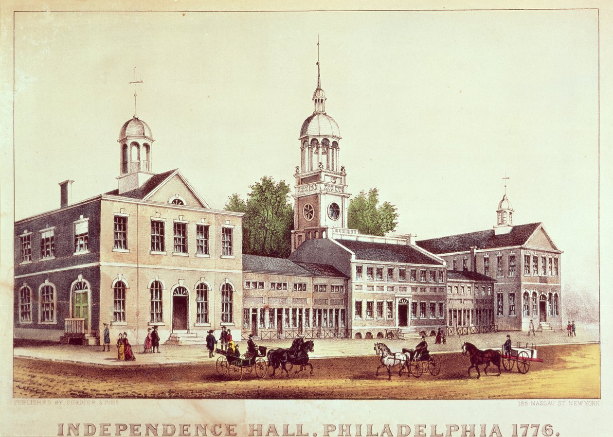 Independence Hall, Philadelphia, 1776, utgitt av Nathaniel Currier (1813-88) og James Merritt Ives (1824-95) av American School