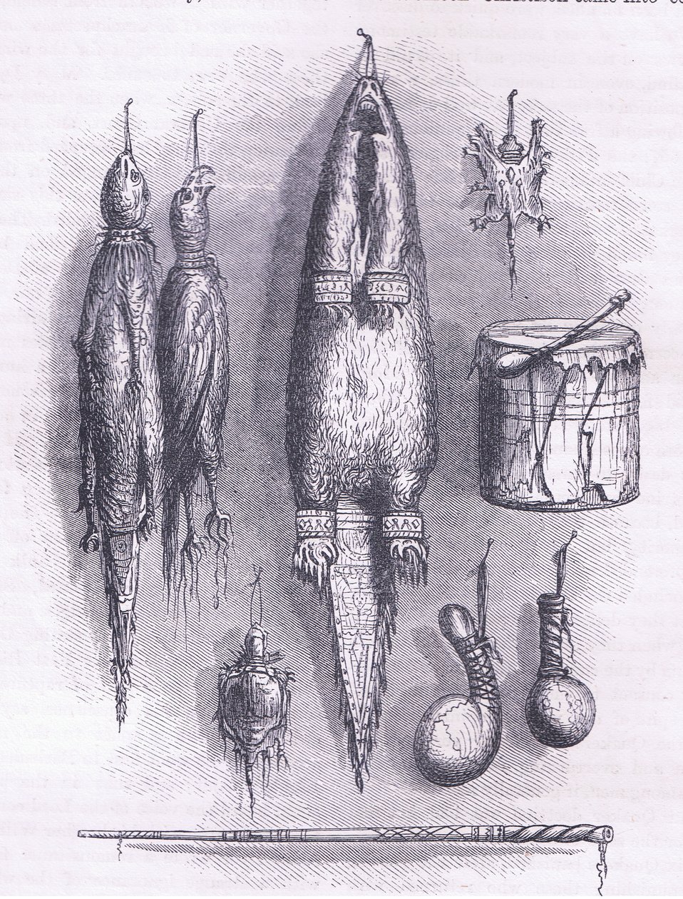 Indisk medisinpose, mystery fløyte, kamper og tromme 1661, illustrasjon fra Cassell