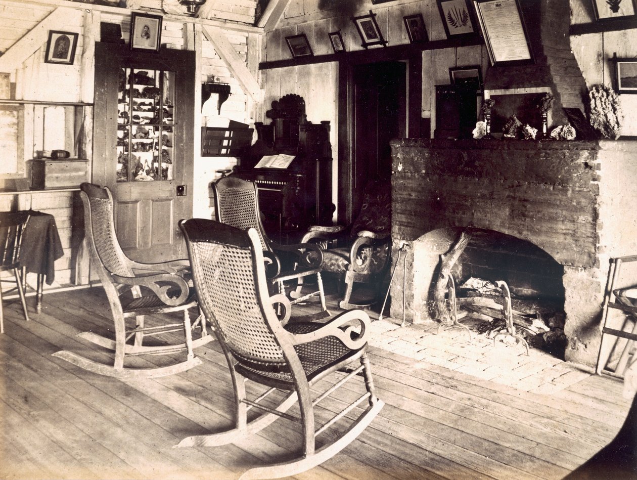 Interiør i en amerikansk trehytte, ca. 1880-tallet av American School