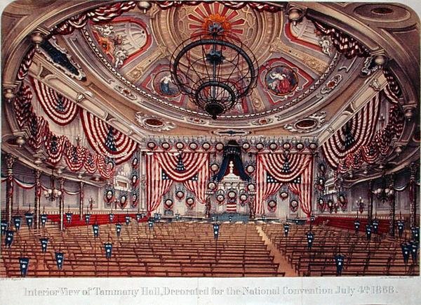 Innvendig utsikt over Tammany Hall, dekorert for nasjonalkonvensjonen 4. juli av American School