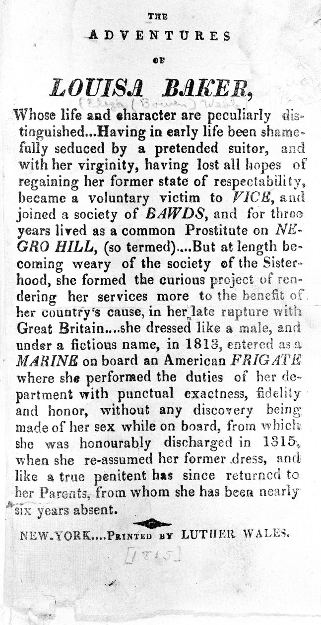 Introduksjonsside til The Adventures of Louisa Baker trykt av Luther Wales, New York, 1815 av American School