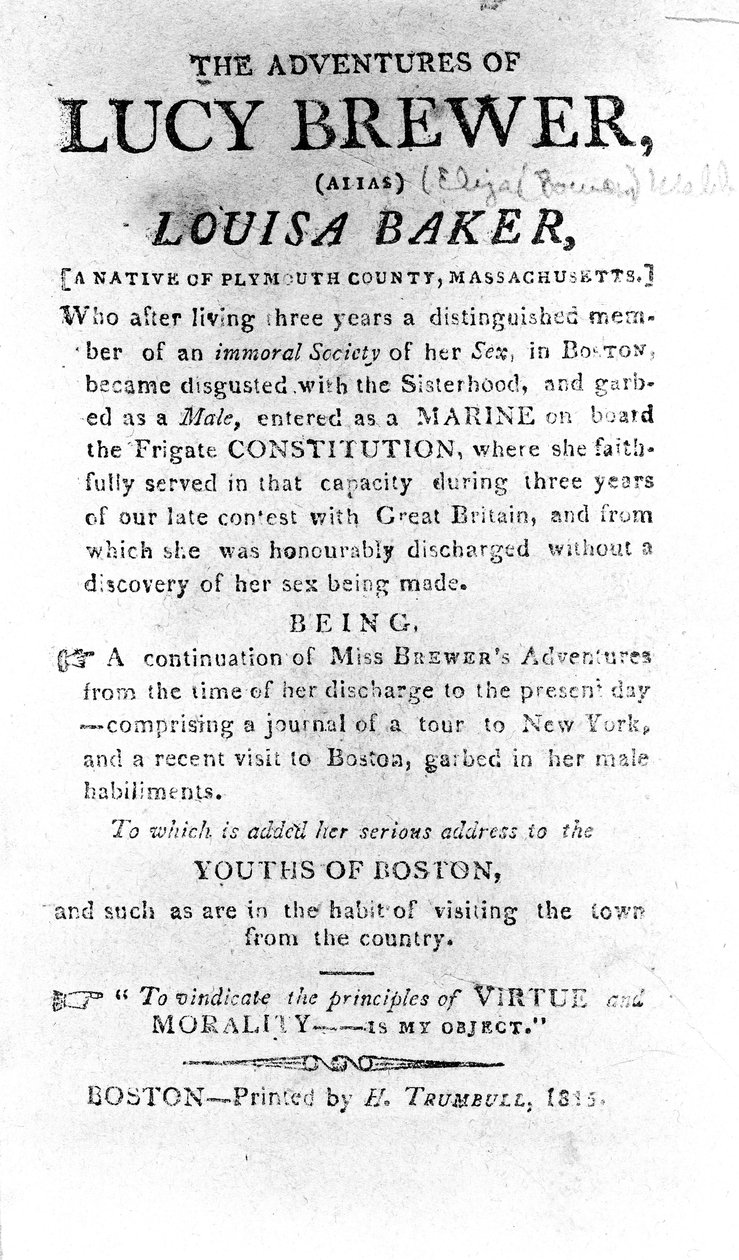 Introduksjonsside til The Adventures of Lucy Brewer trykt av H. Trumbull, Boston, 1815 av American School