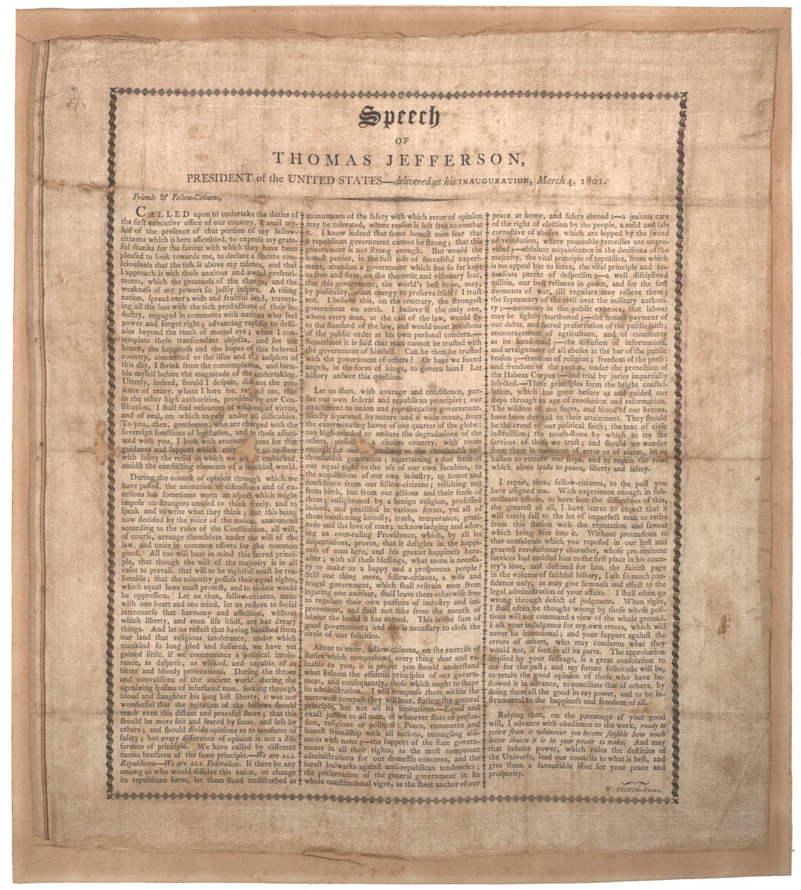 Jeffersons første åpningstale, trykt av Pechin, Baltimore, 4. mars 1801 (lito på silke) av American School
