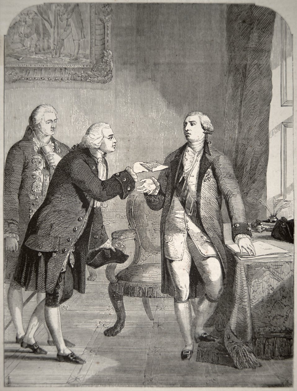 John Adams (1735-1826) som den første amerikanske ambassadøren til det engelske domstolen, og presenterte sin legitimasjon til kong George III (1738-1820) (litografi) av American School