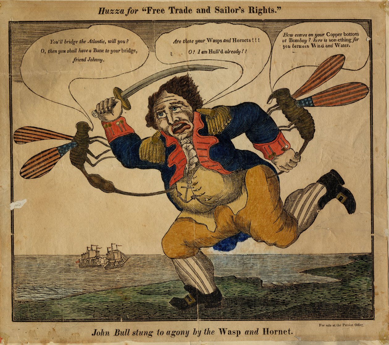 John Bull stukket til smerte av Wasp and Hornet, 1813 (håndfarget relieffsnitt) av American School